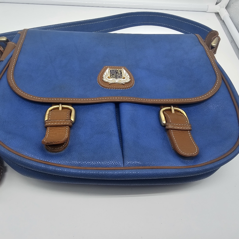 LANCEL Vintage Blue Coated Textured Leather Tan Cartable Messenger Crossbody Bag - Picture 3 of 17